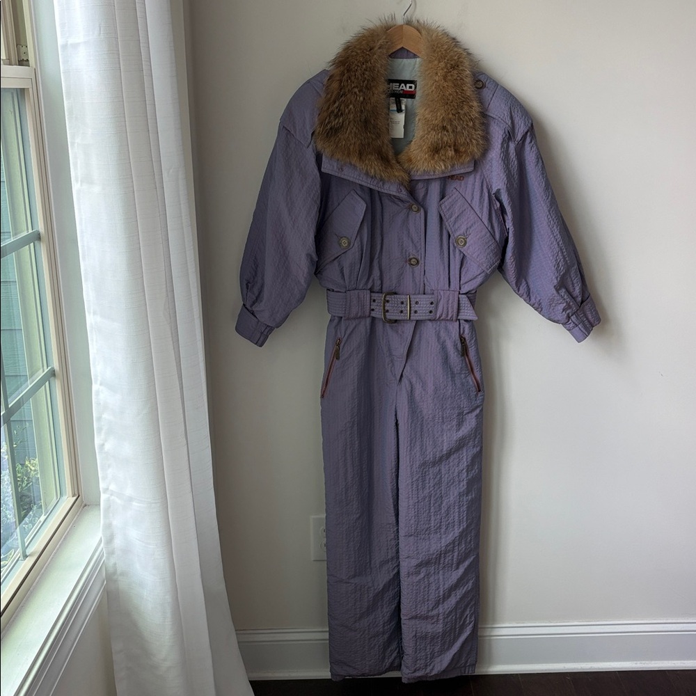 Head *Vintage Belted Ski Suit in Purple Iridescent Blue w/Fur Collar Size * XS/S